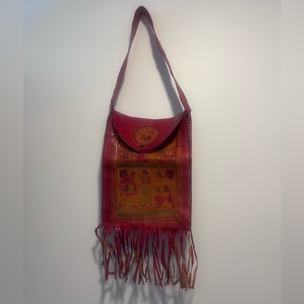 Vintage Handmade Leather Crossbody Bag Fringe Boho Festival Artisan India